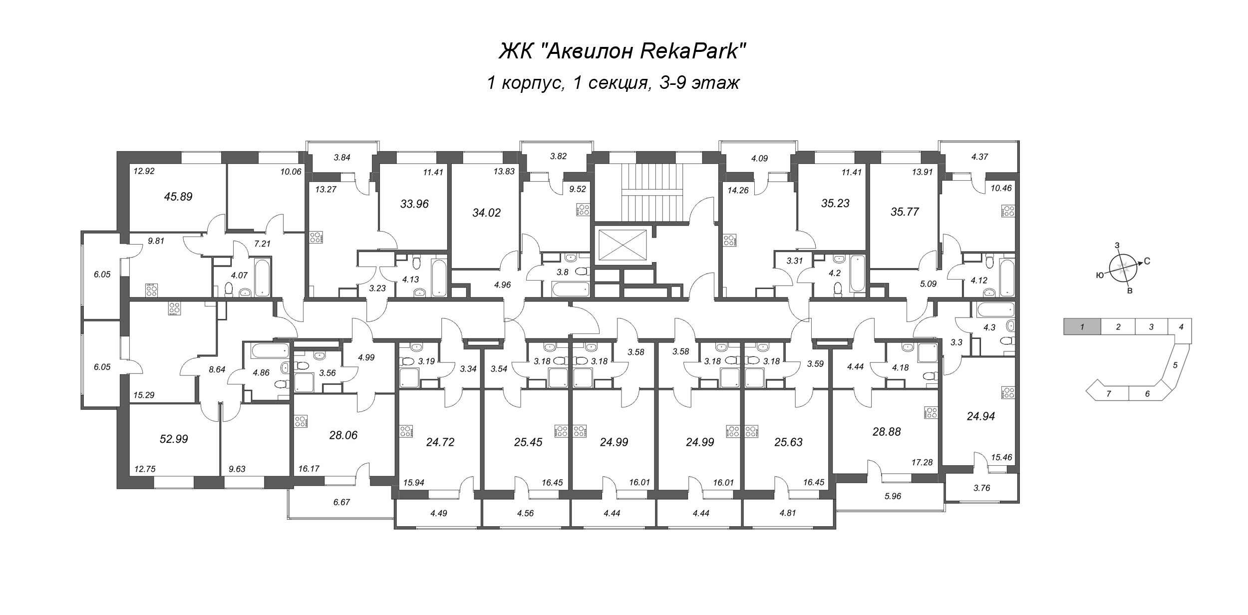 2-комнатная квартира, 45.89 м² - планировка этажа