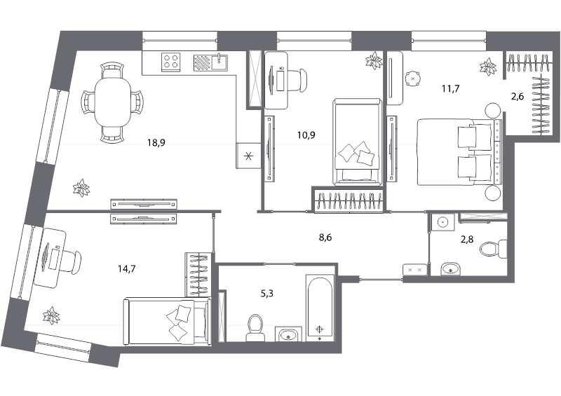 4-комнатная (Евро) квартира, 75.5 м² - планировка, фото №1