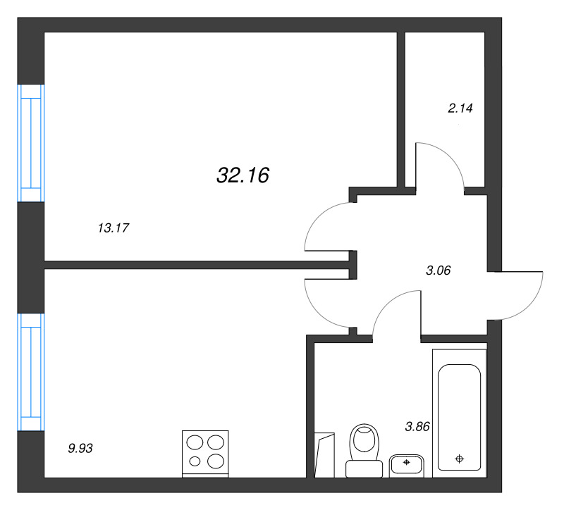 1-комнатная квартира, 32.16 м² - планировка, фото №1