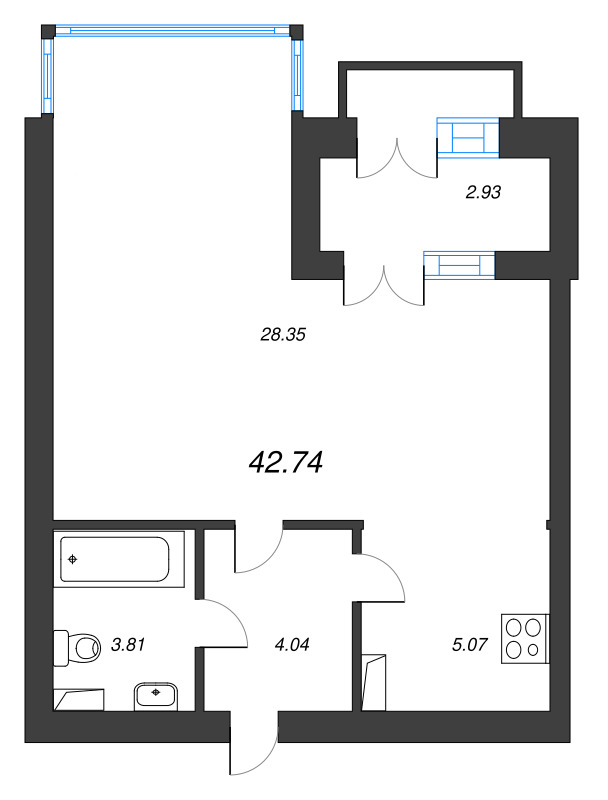 1-комнатная квартира, 42.74 м² - планировка, фото №1
