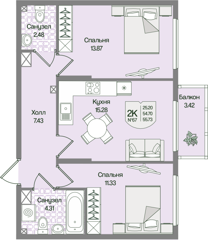 3-комнатная (Евро) квартира, 55.72 м² в ЖК "Охтинские высоты" - планировка, фото №1