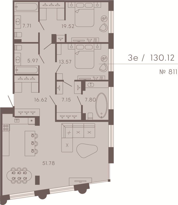 3-комнатная (Евро) квартира, 130.12 м² в ЖК "17/33 Петровский остров" - планировка, фото №1