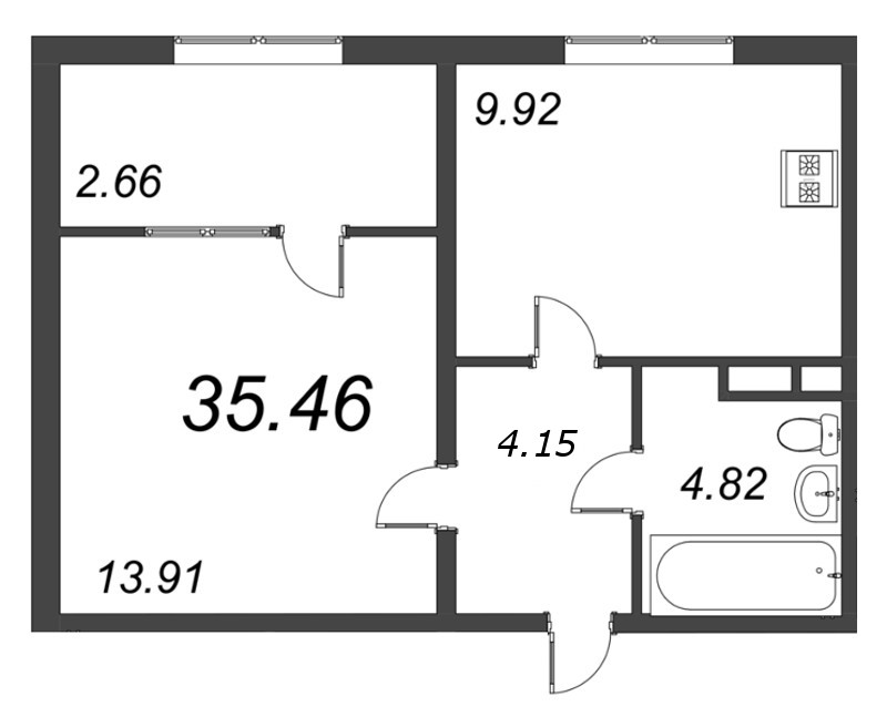 1-комнатная квартира, 38.09 м² - планировка, фото №1