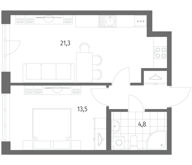 1-комнатная квартира, 43.4 м² в ЖК "Новый Питер" - планировка, фото №1