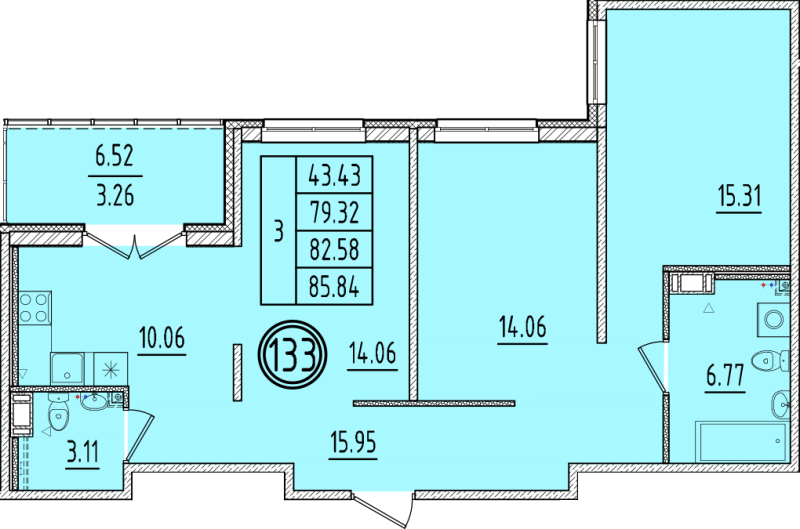3-комнатная квартира, 79.32 м² в ЖК "Образцовый квартал 6.4" - планировка, фото №1