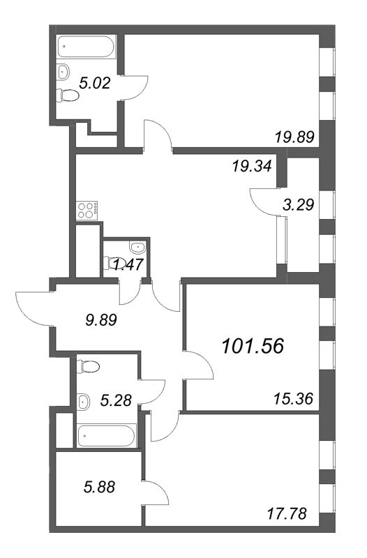 2-комнатная квартира, 101.56 м² - планировка, фото №1