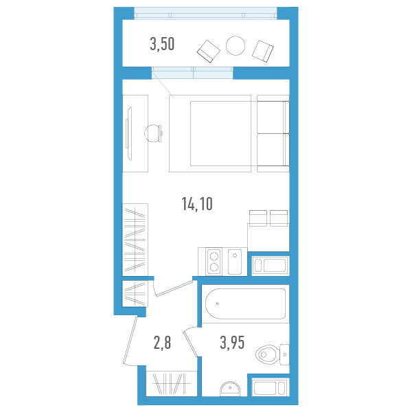 Квартира-студия, 22.6 м² в ЖК "AEROCITY" - планировка, фото №1