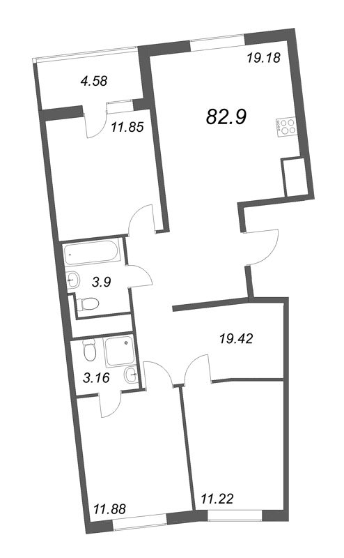 4-комнатная (Евро) квартира, 85.19 м² - планировка, фото №1