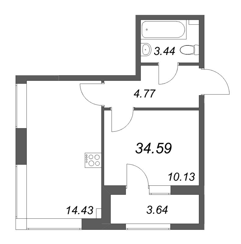 1-комнатная квартира, 34.59 м² в ЖК "Гранат" - планировка, фото №1