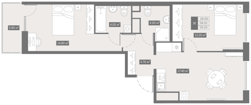3-комнатная (Евро) квартира, 59.2 м² в ЖК "Квартал «Новый Московский»" - планировка, фото №1