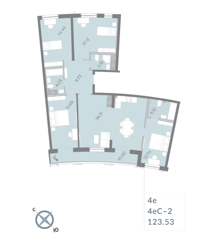 4-комнатная (Евро) квартира, 123.53 м² - планировка, фото №1