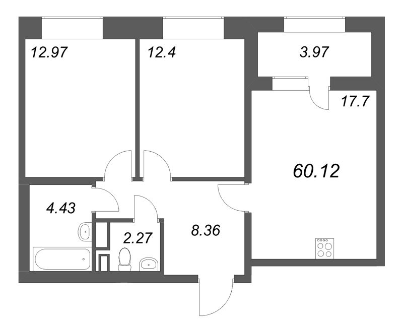 3-комнатная (Евро) квартира, 60.12 м² в ЖК "Аквилон Солар" - планировка, фото №1