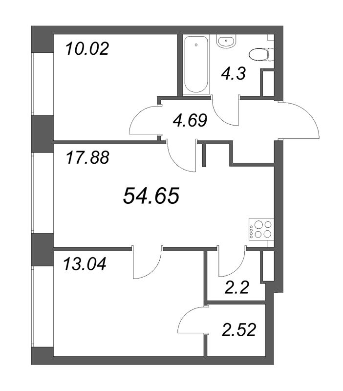 3-комнатная (Евро) квартира, 54.65 м² в ЖК "Новый Питер" - планировка, фото №1