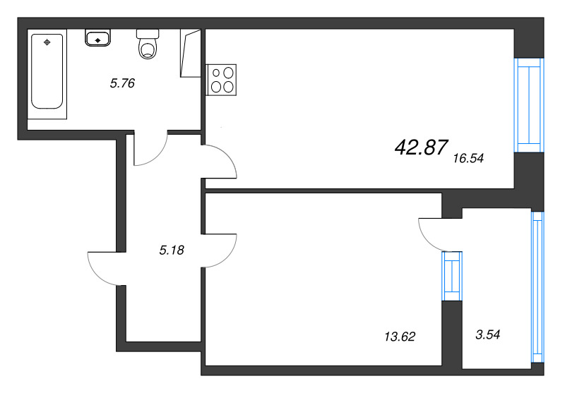 2-комнатная (Евро) квартира, 42.87 м² в ЖК "Аквилон Leaves" - планировка, фото №1