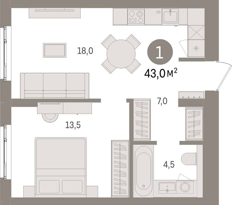 2-комнатная (Евро) квартира, 43 м² в ЖК "Брусника в Новоселье" - планировка, фото №1