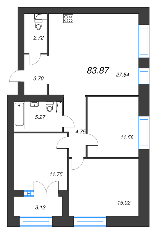 3-комнатная квартира, 83.87 м² - планировка, фото №1