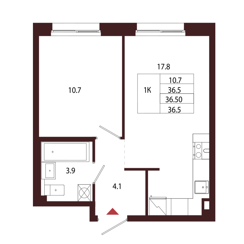 2-комнатная (Евро) квартира, 36.5 м² в ЖК "Лисино" - планировка, фото №1