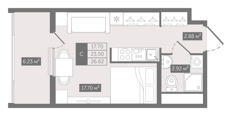 Квартира-студия, 26.62 м² - планировка, фото №1