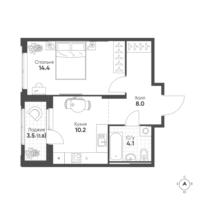 1-комнатная квартира, 38.5 м² в ЖК "Ягодное Река Парк" - планировка, фото №1