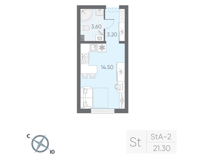 Квартира-студия, 21.3 м² в ЖК "Ручьи" - планировка, фото №1