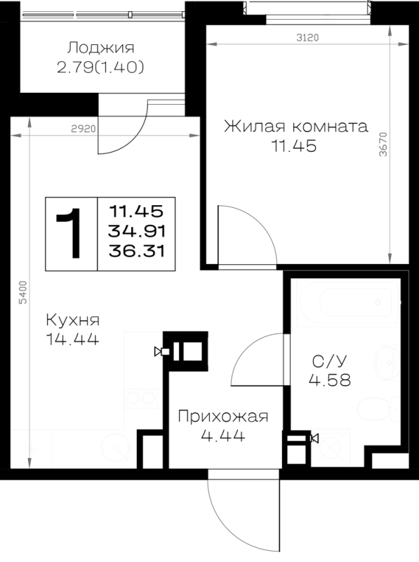 1-комнатная квартира, 36.31 м² в ЖК "Борский" - планировка, фото №1