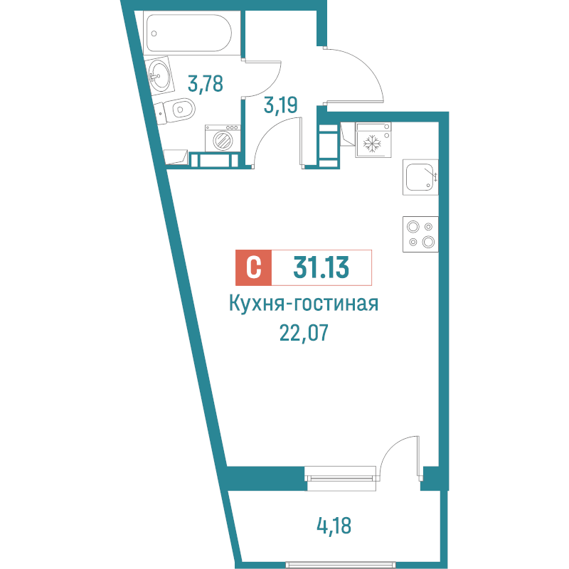 Квартира-студия, 31.13 м² в ЖК "Графика" - планировка, фото №1