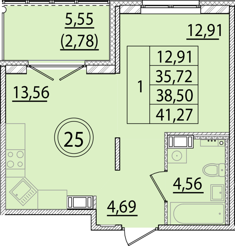 1-комнатная квартира, 35.72 м² в ЖК "Образцовый квартал 15" - планировка, фото №1