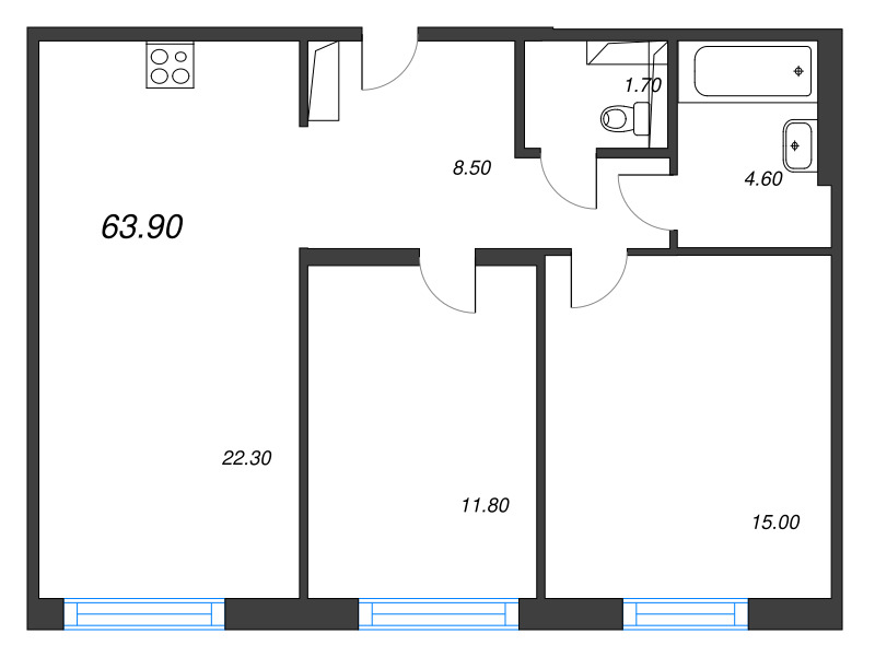 3-комнатная (Евро) квартира, 63.9 м² в ЖК "Руднева 15" - планировка, фото №1