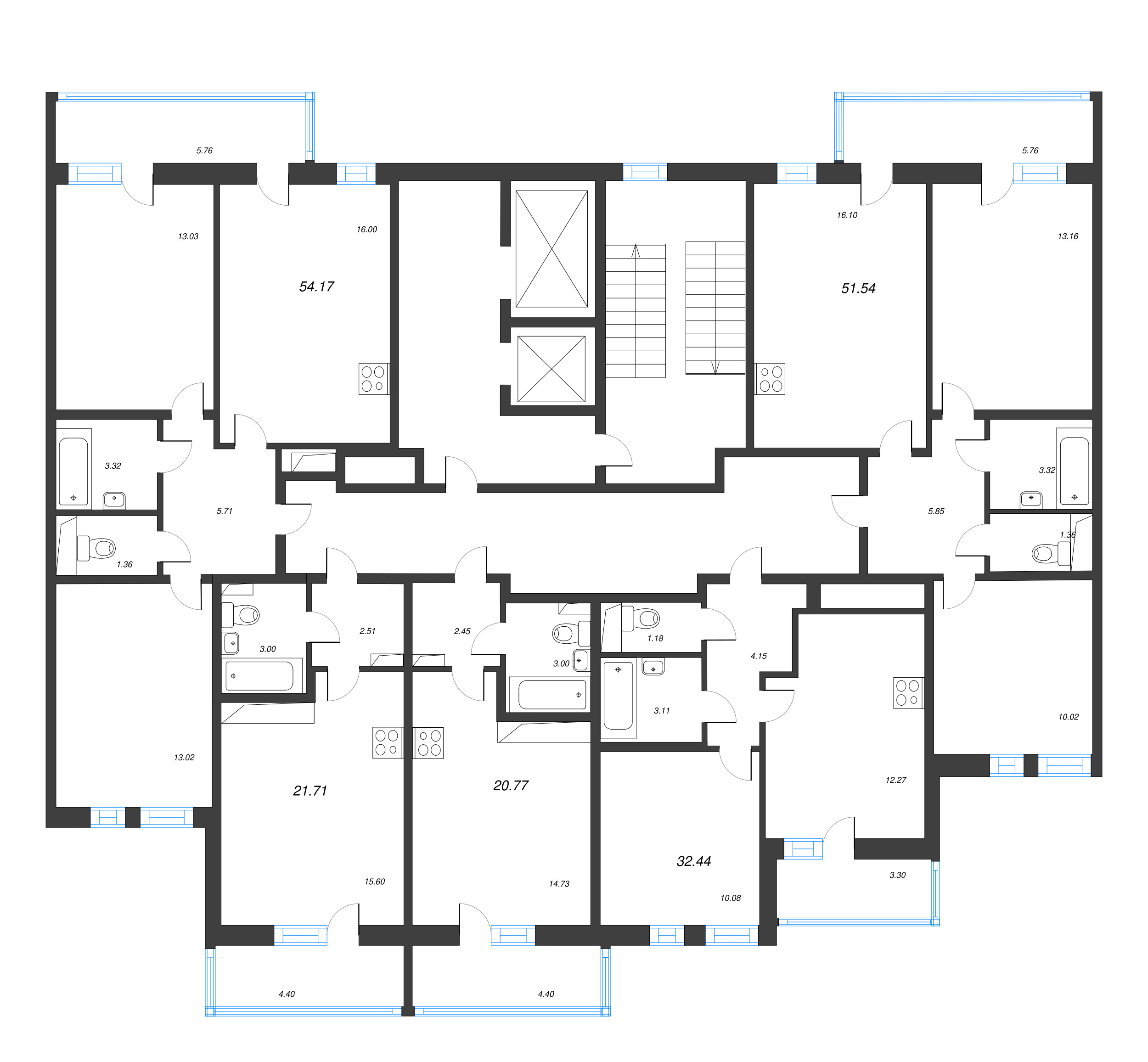 3-комнатная (Евро) квартира, 51.54 м² в ЖК "Аэросити" - планировка этажа