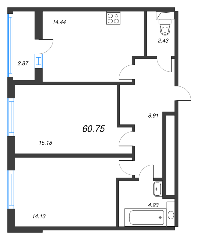 2-комнатная квартира, 60.77 м² в ЖК "Аквилон Leaves" - планировка, фото №1