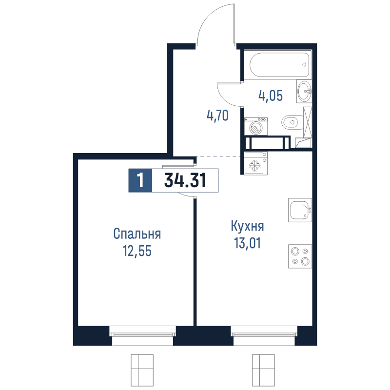 1-комнатная квартира, 34.31 м² в ЖК "Максималист" - планировка, фото №1