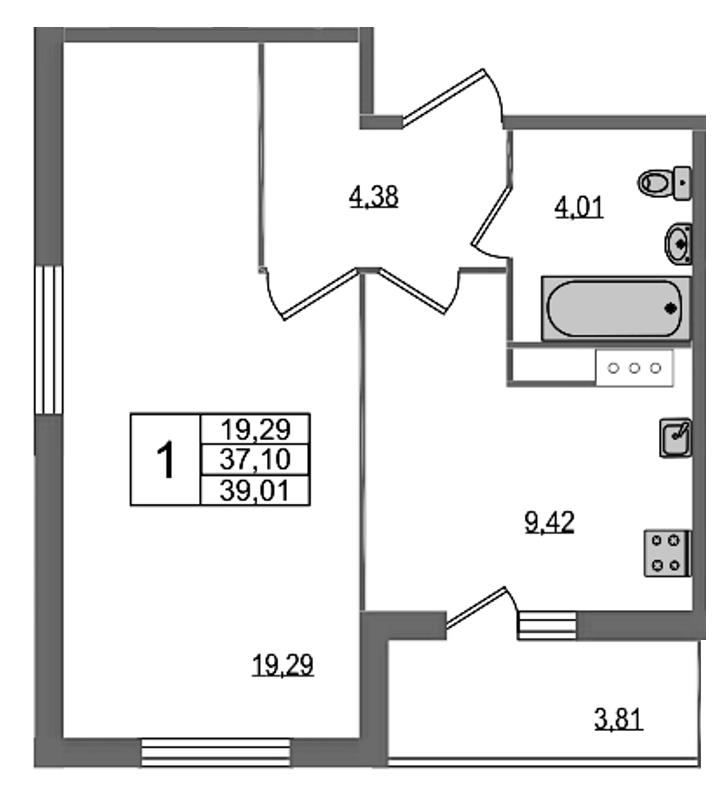 1-комнатная квартира, 39.01 м² в ЖК "All Inclusive" - планировка, фото №1