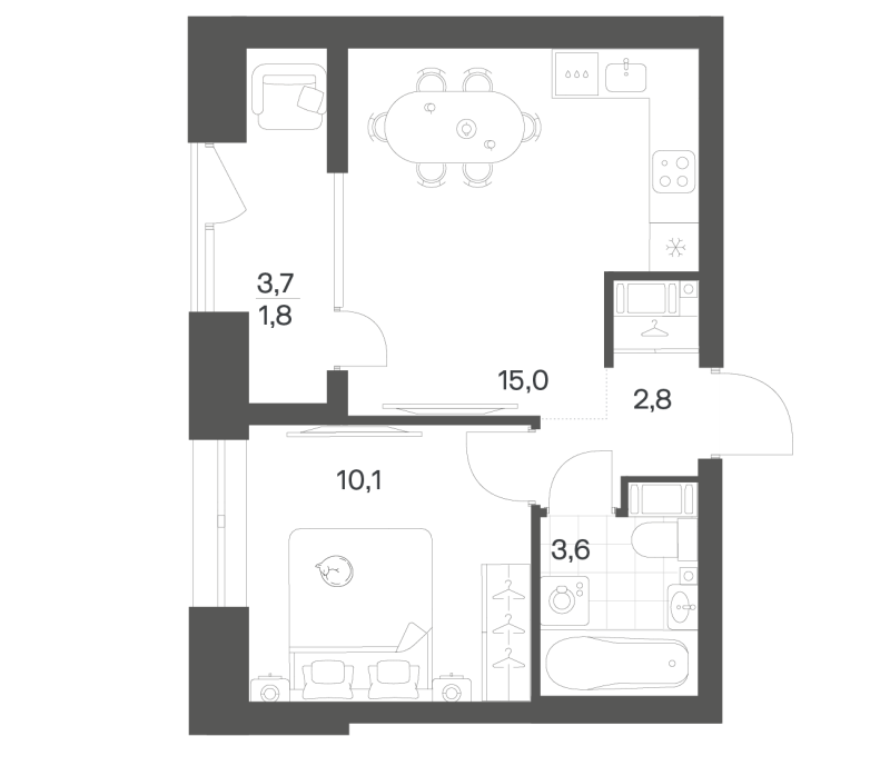2-комнатная (Евро) квартира, 33.35 м² в ЖК "Новый Питер" - планировка, фото №1