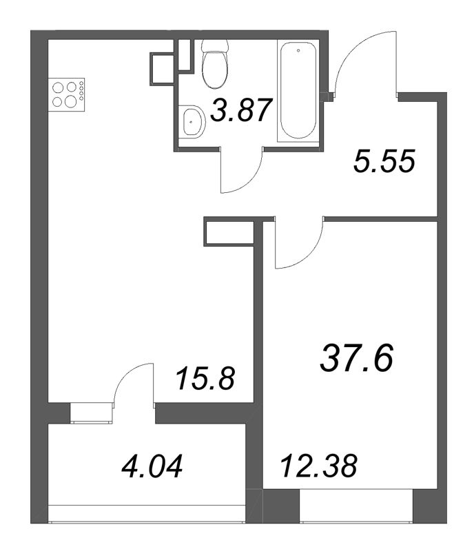 2-комнатная (Евро) квартира, 37.6 м² в ЖК "Ультра Сити 3.0" - планировка, фото №1