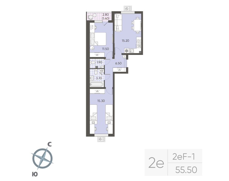 3-комнатная (Евро) квартира, 55.5 м² в ЖК "Ручьи" - планировка, фото №1