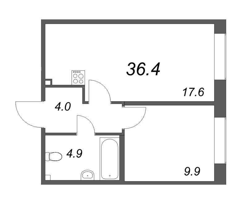 2-комнатная (Евро) квартира, 36.4 м² - планировка, фото №1