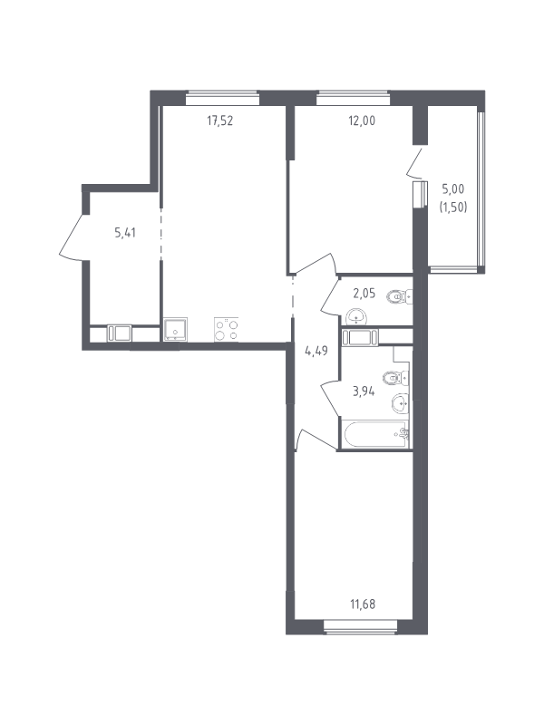 3-комнатная (Евро) квартира, 58.59 м² в ЖК "Южная Нева" - планировка, фото №1