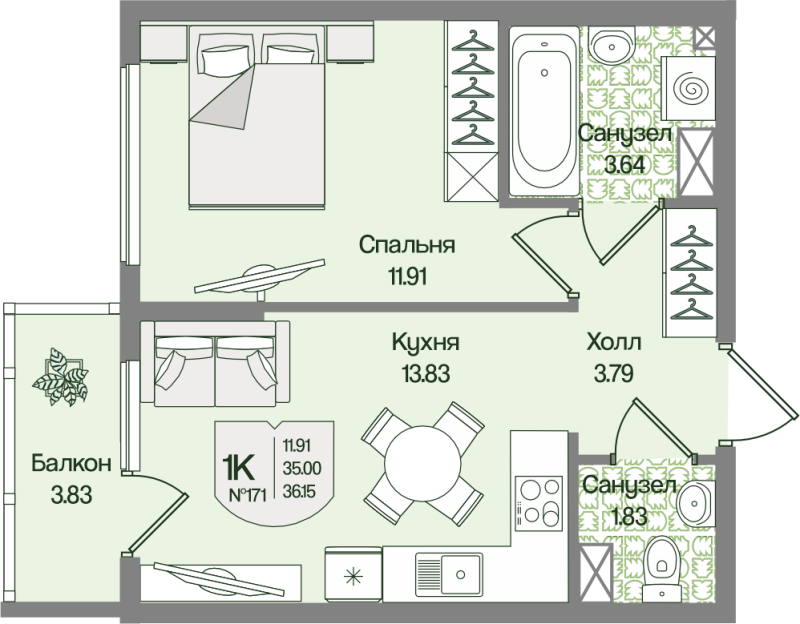1-комнатная квартира, 36.14 м² в ЖК "Охтинские высоты" - планировка, фото №1