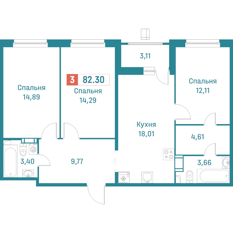 4-комнатная (Евро) квартира, 82.3 м² в ЖК "Графика" - планировка, фото №1