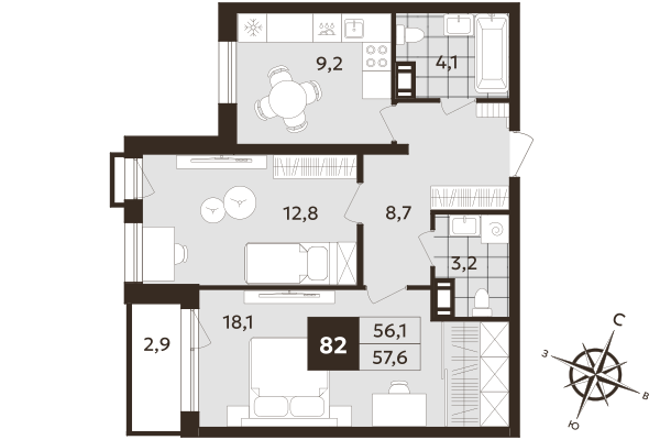 2-комнатная квартира, 56.1 м² - планировка, фото №1