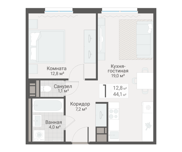 2-комнатная (Евро) квартира, 44.1 м² в ЖК "Руднева 15" - планировка, фото №1