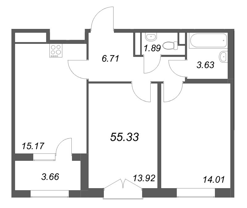 3-комнатная (Евро) квартира, 55.33 м² в ЖК "Дубровский" - планировка, фото №1