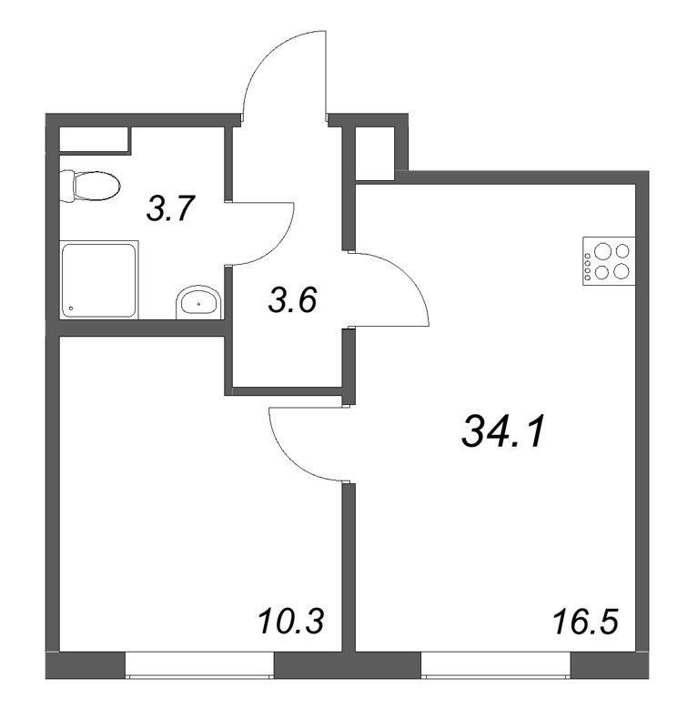 2-комнатная (Евро) квартира, 34.1 м² в ЖК "Пулково Lake" - планировка, фото №1
