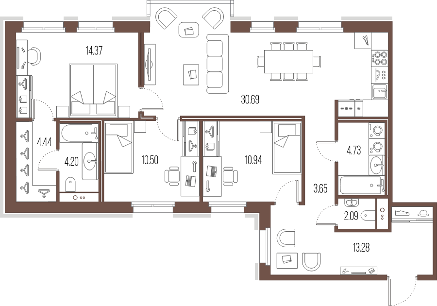 4-комнатная (Евро) квартира, 98.89 м² в ЖК "Большой Сампсониевский, 32" - планировка, фото №1