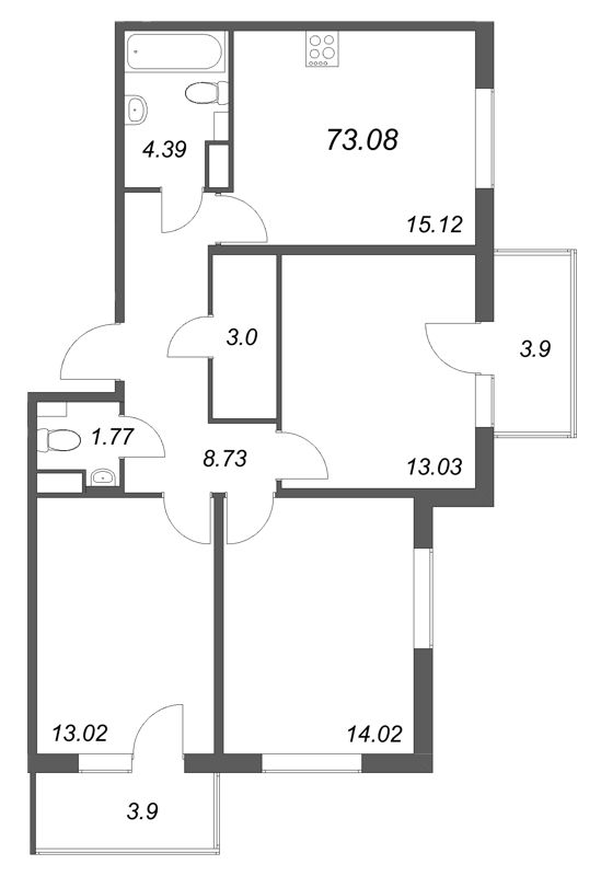 4-комнатная (Евро) квартира, 73.08 м² - планировка, фото №1