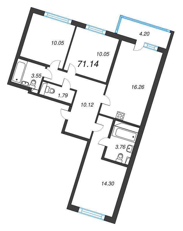 4-комнатная (Евро) квартира, 71.14 м² в ЖК "Аэросити" - планировка, фото №1