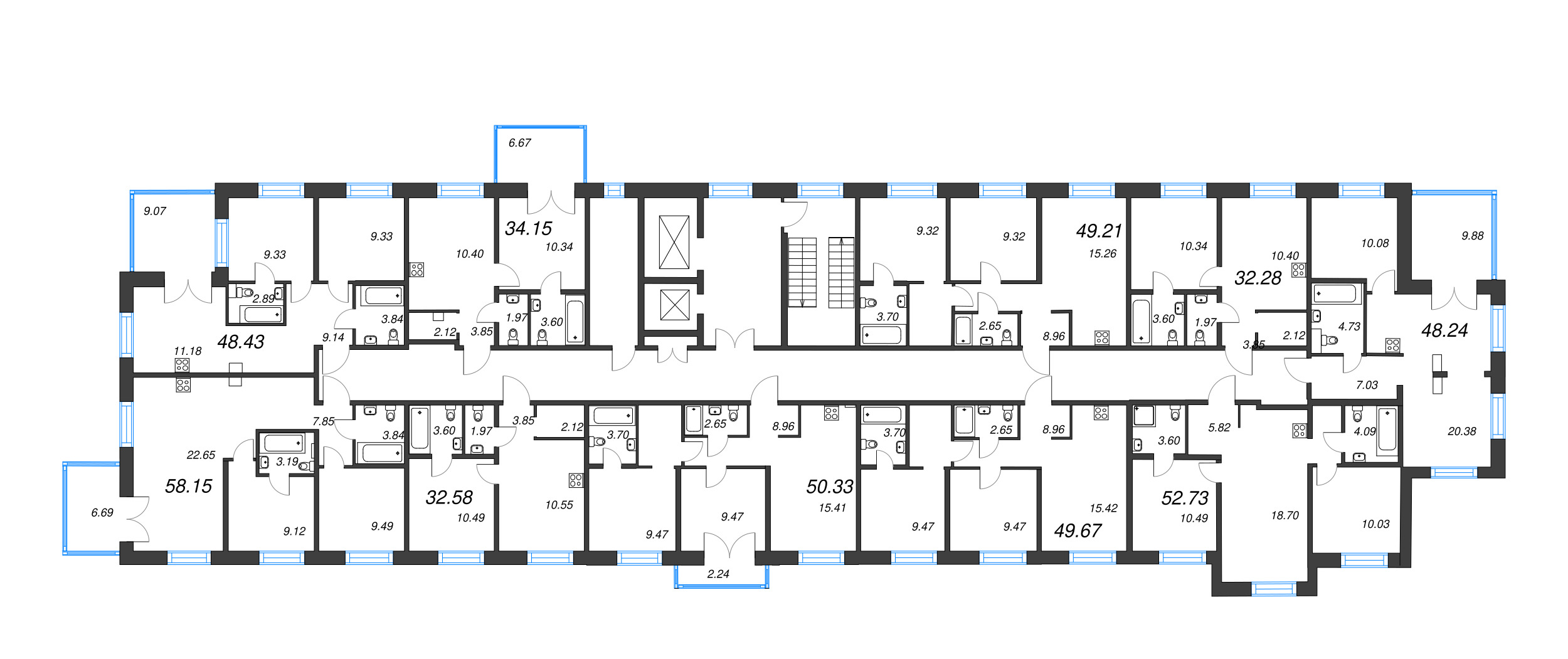 3-комнатная (Евро) квартира, 58.15 м² в ЖК "Alpen" - планировка этажа