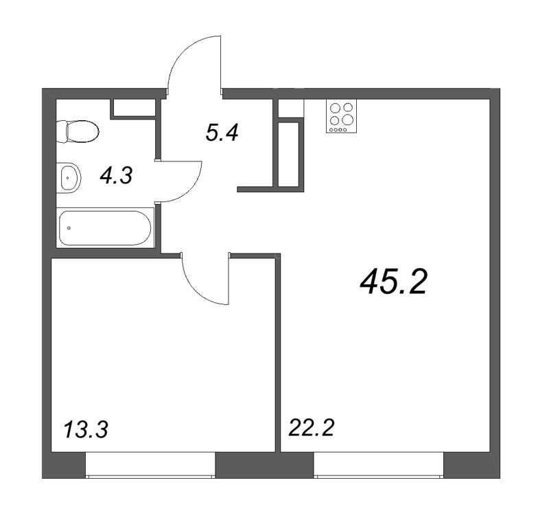 2-комнатная (Евро) квартира, 45.2 м² в ЖК "Куинджи" - планировка, фото №1