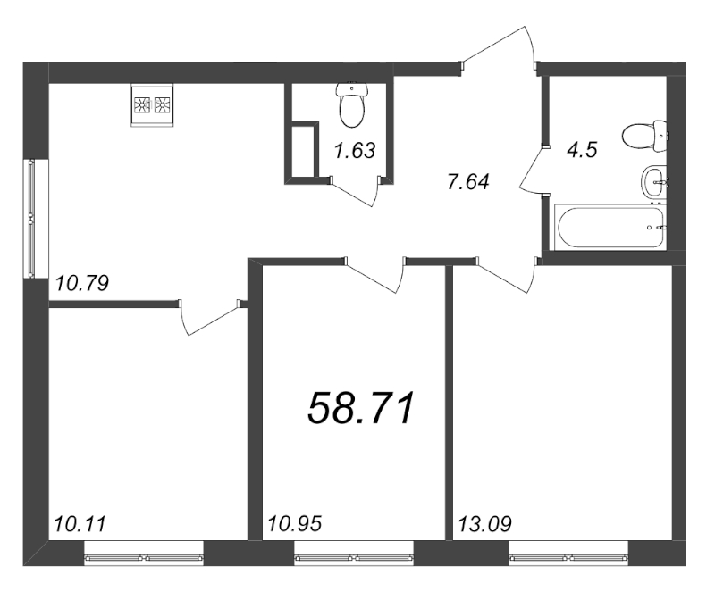 3-комнатная квартира, 58 м² - планировка, фото №1