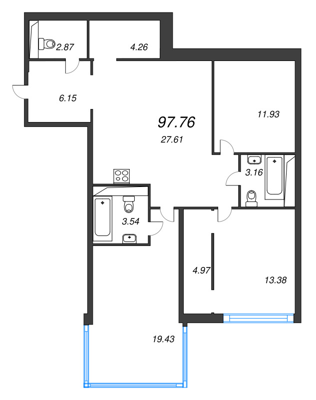 4-комнатная (Евро) квартира, 97.76 м² - планировка, фото №1